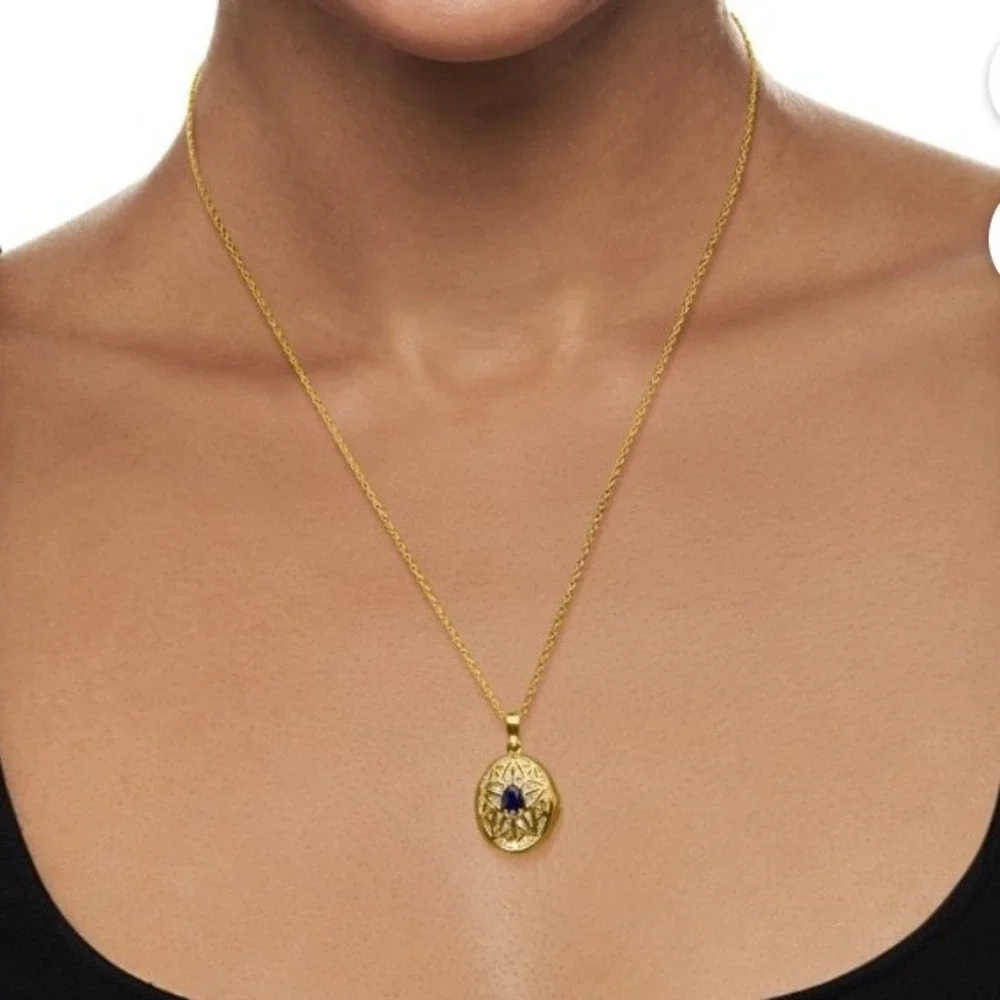 Ross-Simons .40Carat Sapphire Locket Necklace 1 Diamond, 18kt Gold Over Sterling - Picture 5 of 9